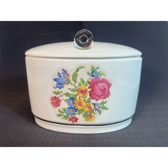 Vintage Petit Point Floral Needlepoint Harker Pottery Canister w/Lid USA Roses - Picture 1 of 13